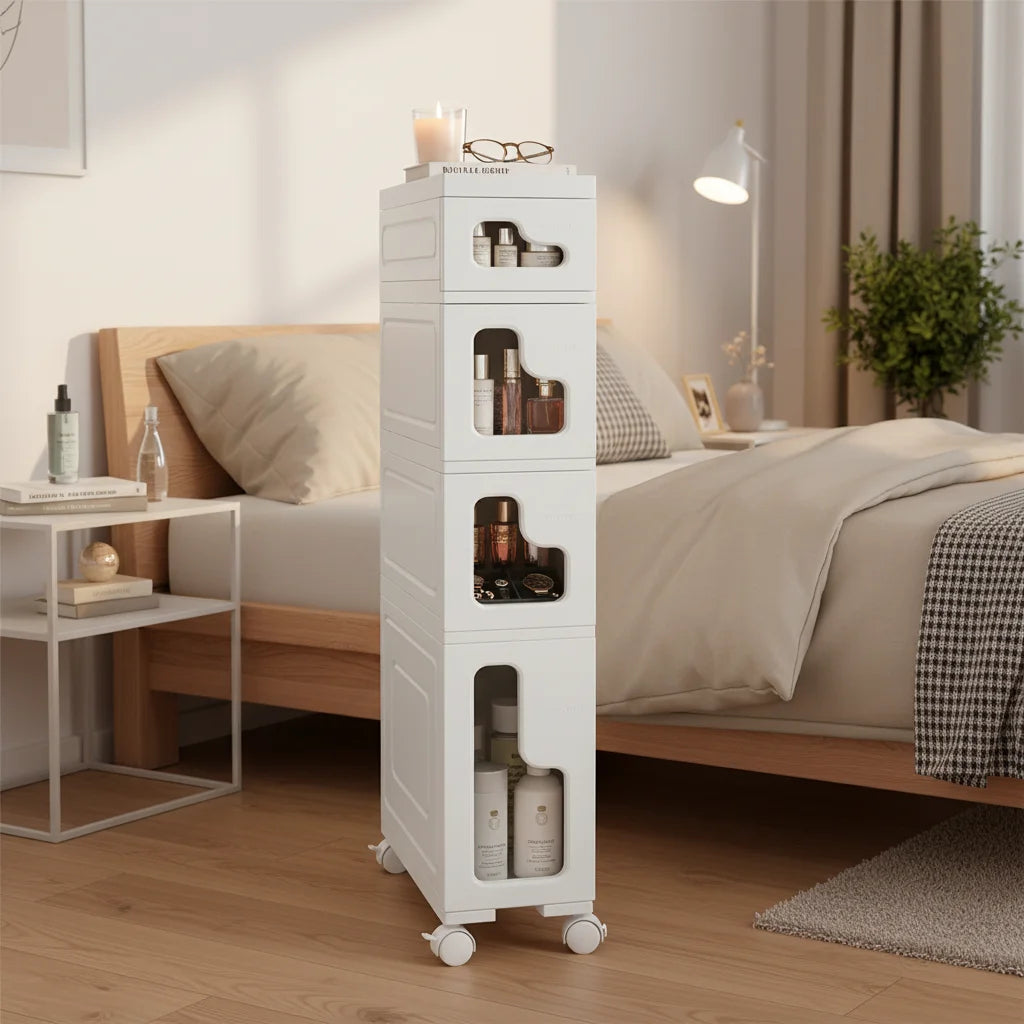 4-Tiers Movable Slim Bathroom Storage Cabinet,Waterproof Narrow Bathroom Storage,Bathroom Storage Floor Cabinet for Small Spaces