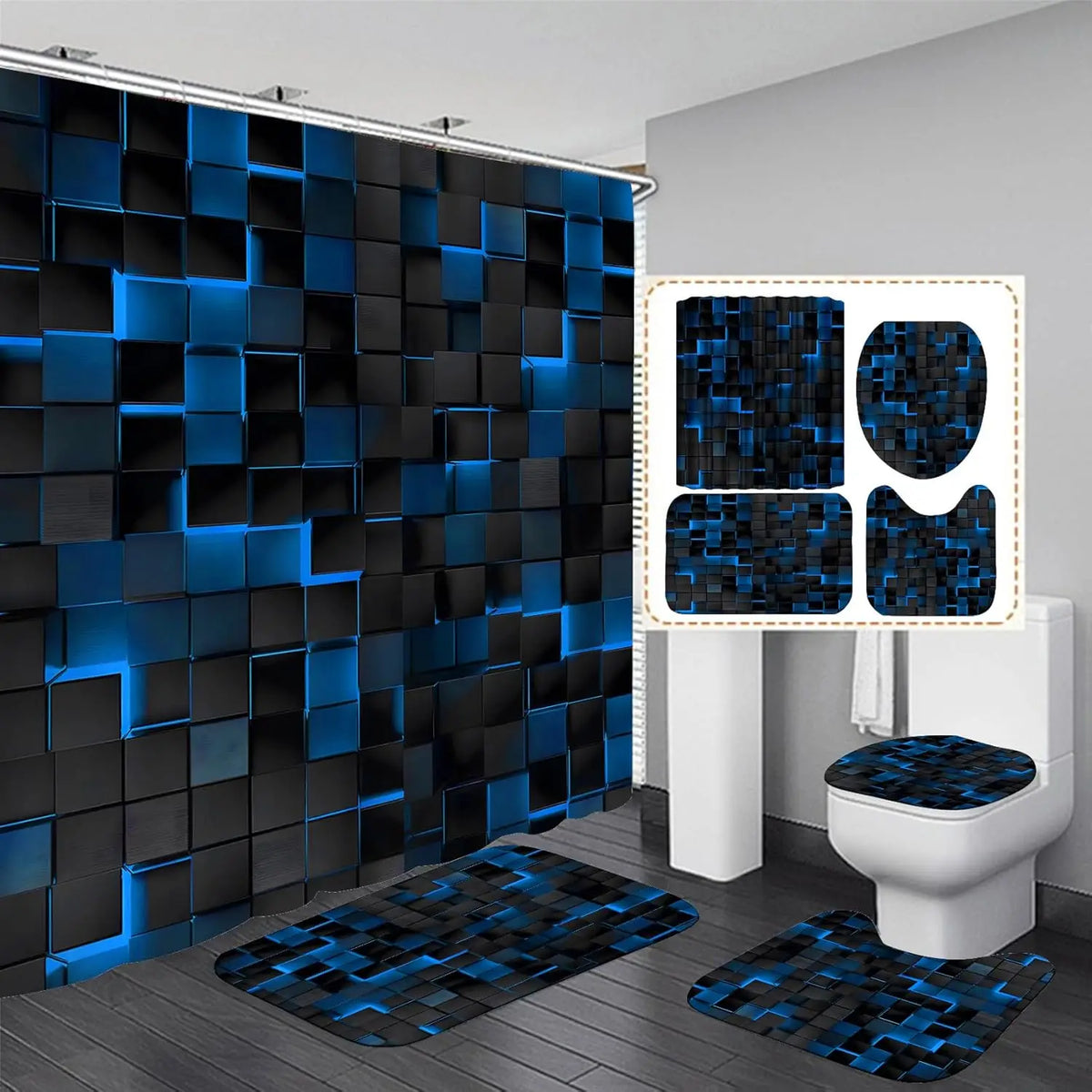 4Pcs Blue Shower Curtain Set with 3D Cubes, Modern Bathroom Decor Includes Rugs and Hooks