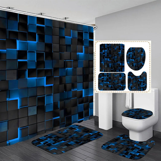 4Pcs Blue Shower Curtain Set with 3D Cubes, Modern Bathroom Decor Includes Rugs and Hooks