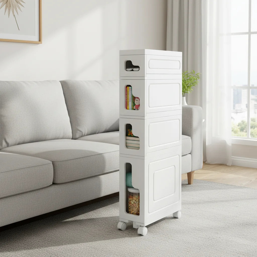 4-Tiers Movable Slim Bathroom Storage Cabinet,Waterproof Narrow Bathroom Storage,Bathroom Storage Floor Cabinet for Small Spaces