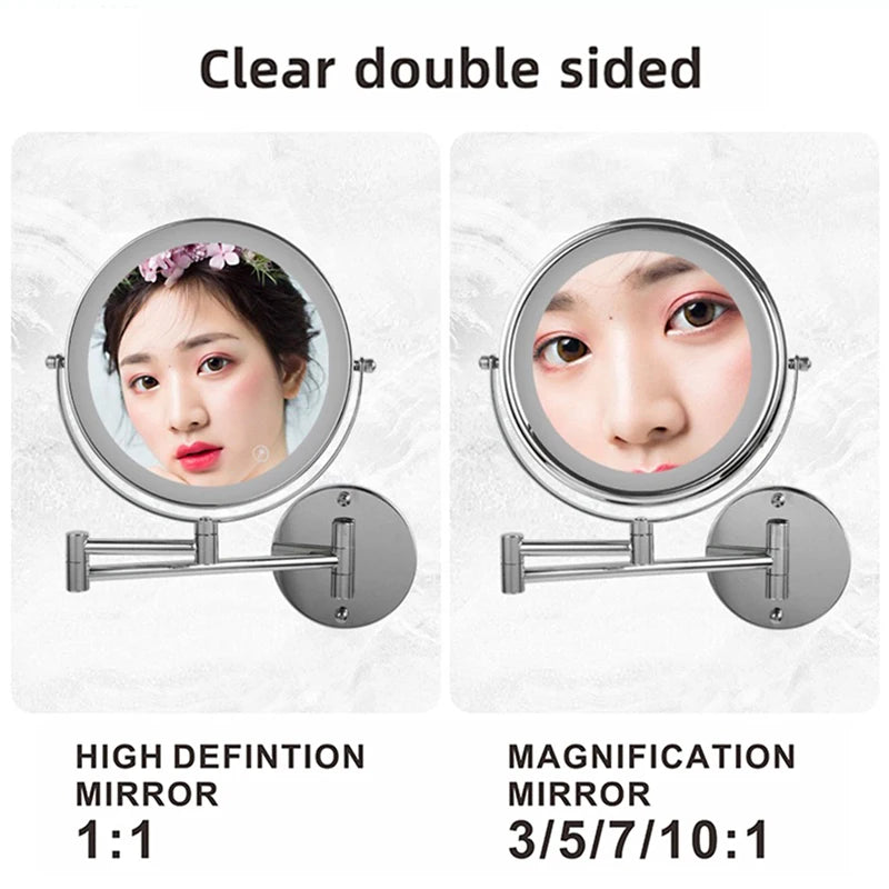 8 inch Wall Mounted Makeup Mirror 5/7/10X Magnifying Double Side Folding Arm Extend USB Charging Bathroom Smart Cosmetic Mirrors