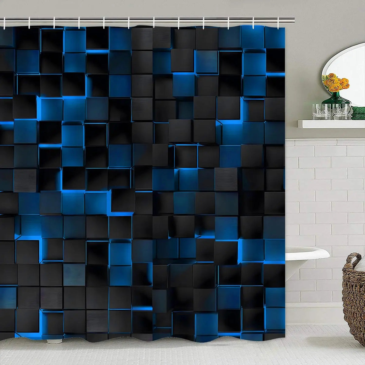 4Pcs Blue Shower Curtain Set with 3D Cubes, Modern Bathroom Decor Includes Rugs and Hooks