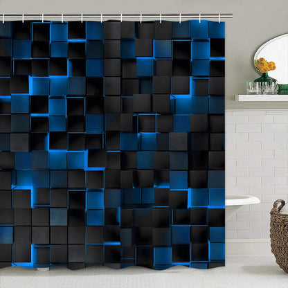 4Pcs Blue Shower Curtain Set with 3D Cubes, Modern Bathroom Decor Includes Rugs and Hooks