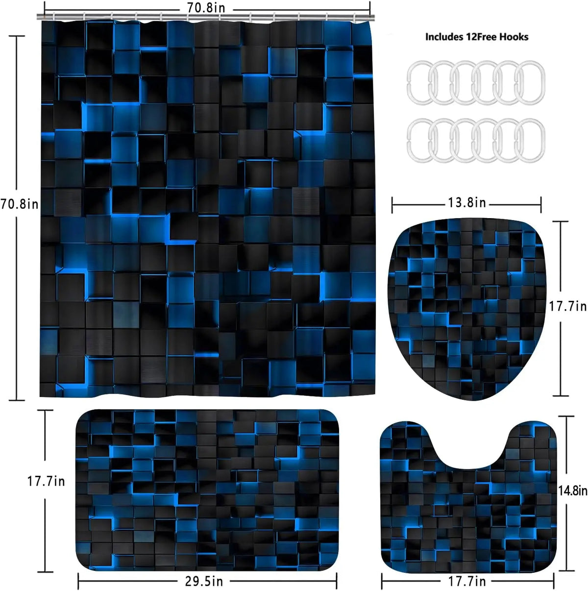 4Pcs Blue Shower Curtain Set with 3D Cubes, Modern Bathroom Decor Includes Rugs and Hooks