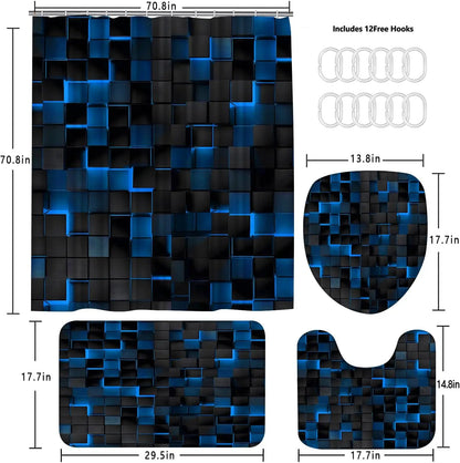 4Pcs Blue Shower Curtain Set with 3D Cubes, Modern Bathroom Decor Includes Rugs and Hooks